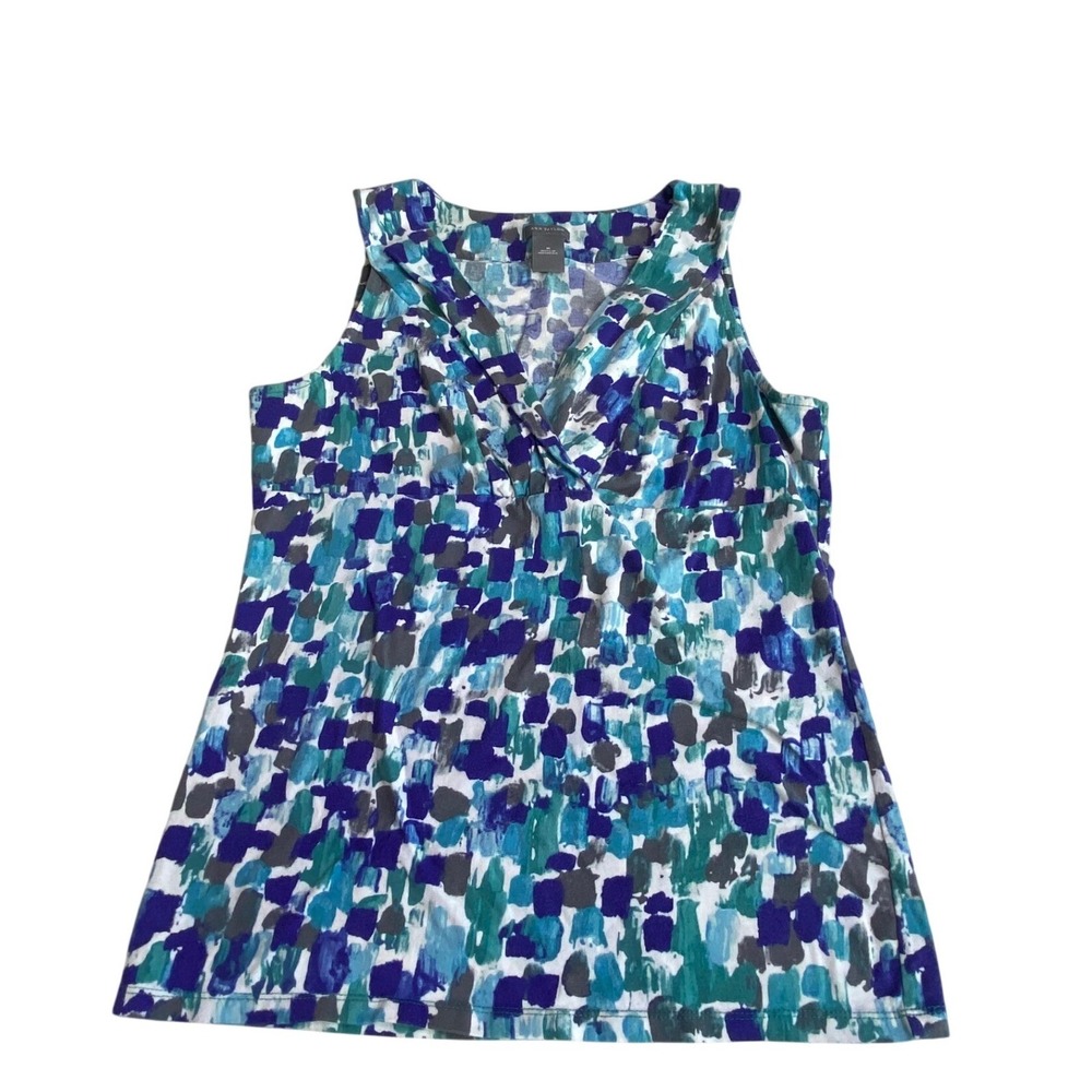 Ann Taylor Sleeveless Top Womens Medium Blue Abstract Brushstroke V-Neck Cotton